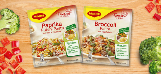 Sechs unterschiedliche Varianten sorgen für Vielfalt auf dem Teller: Broccoli Pasta mit Hackfleisch und Paprika Puten-Pasta mit Mais und Frischkäse …